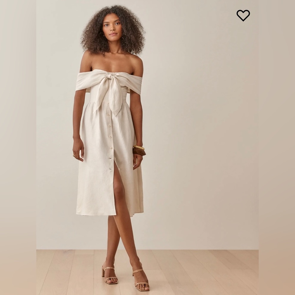Reformation Off-Shoulder Tie-Front Midi Dress in Light Beige